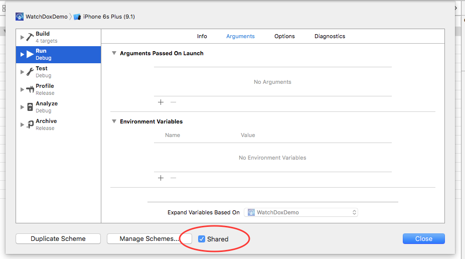 Xcode Edit Scheme Window with Shared checked