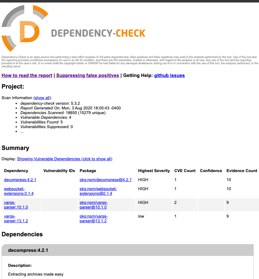 dependency-check scan results as HTML