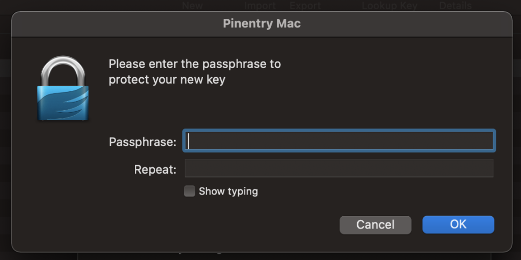 Creating the passphrase for the GPG key